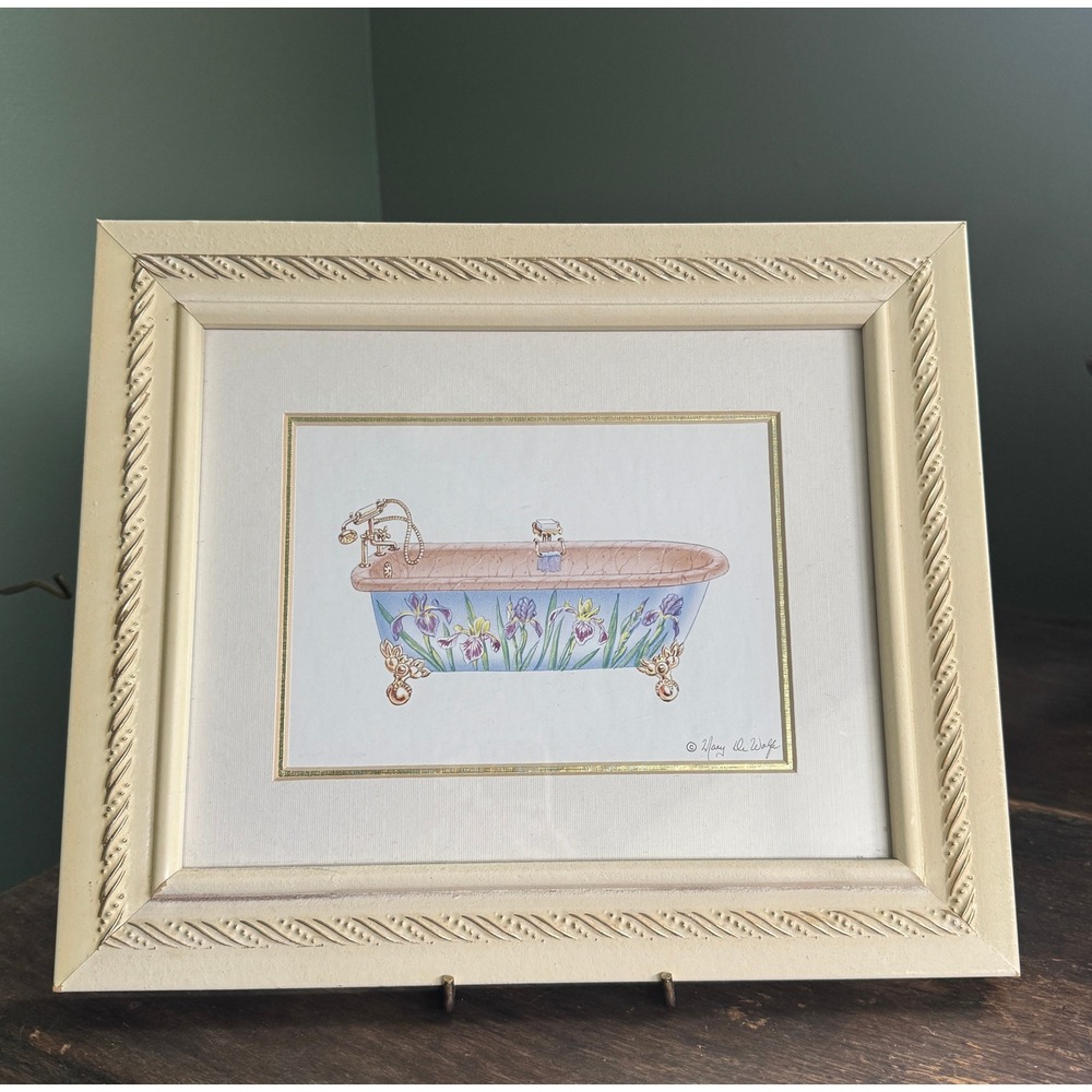Mary DeWolfe Framed Art Print Clawfoot Bathtub Iris Flowers Bathroom Decor